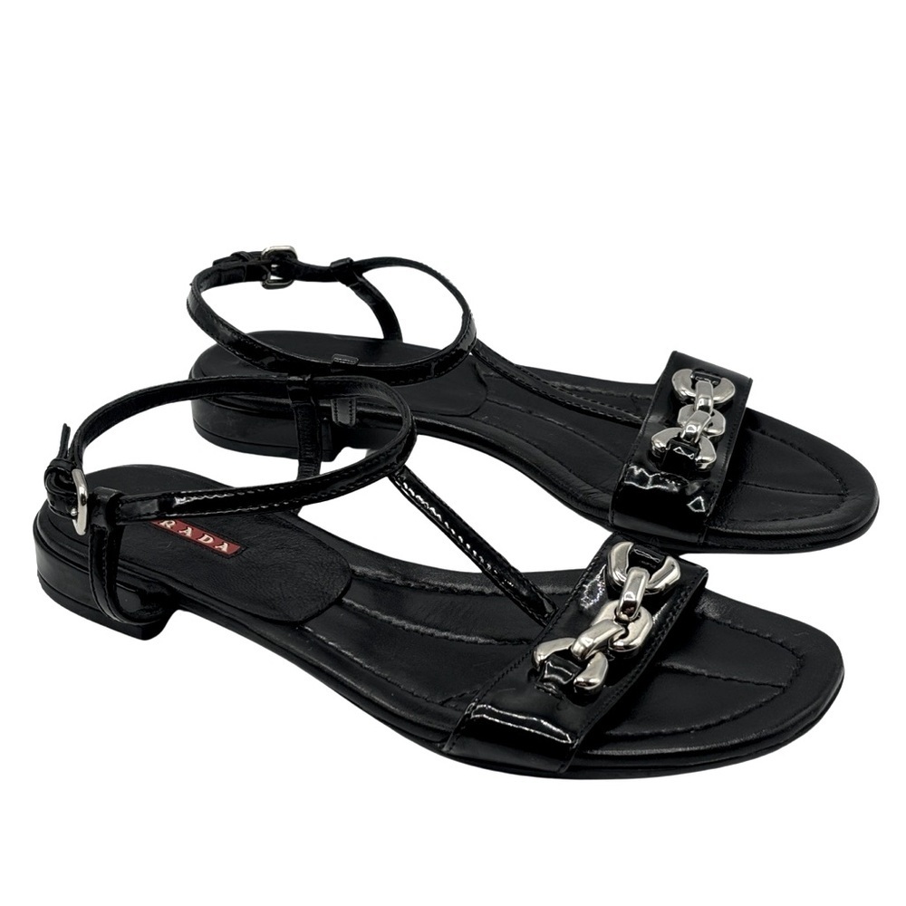 PRADA‎ Black Patent Leather Sandals with Silver Block Chain Detail - Picture 3 of 10
